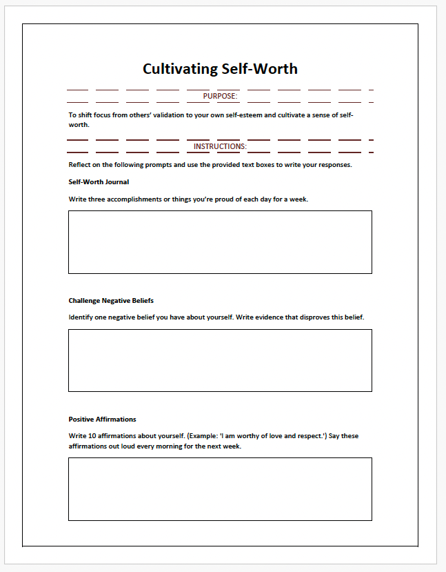 Cultivating Self-Worth Worksheet