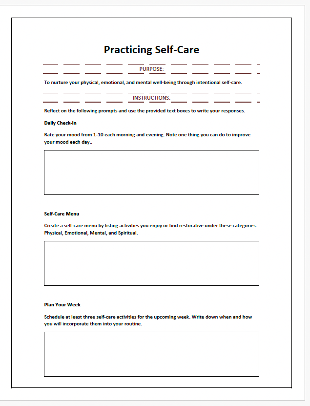 Practicing Self Care Worksheet